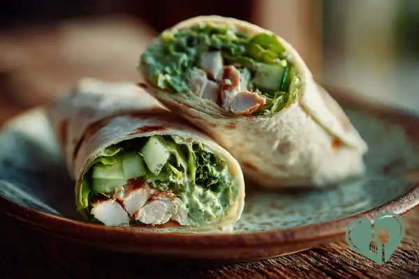 Close-up of chicken wraps with cucumber and green dressing cut in half on a simple plate