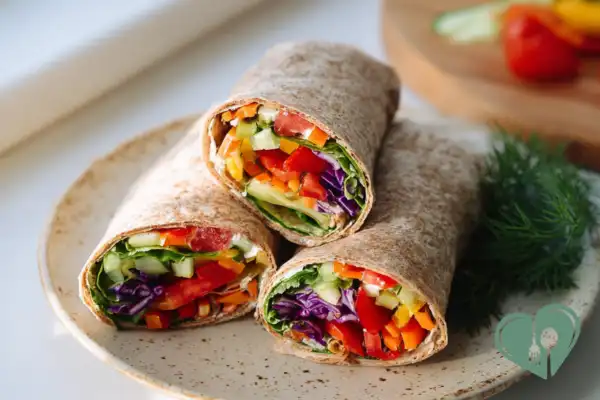 Sliced rainbow veggie wraps with colorful vegetables like bell peppers, cucumber, and cabbage