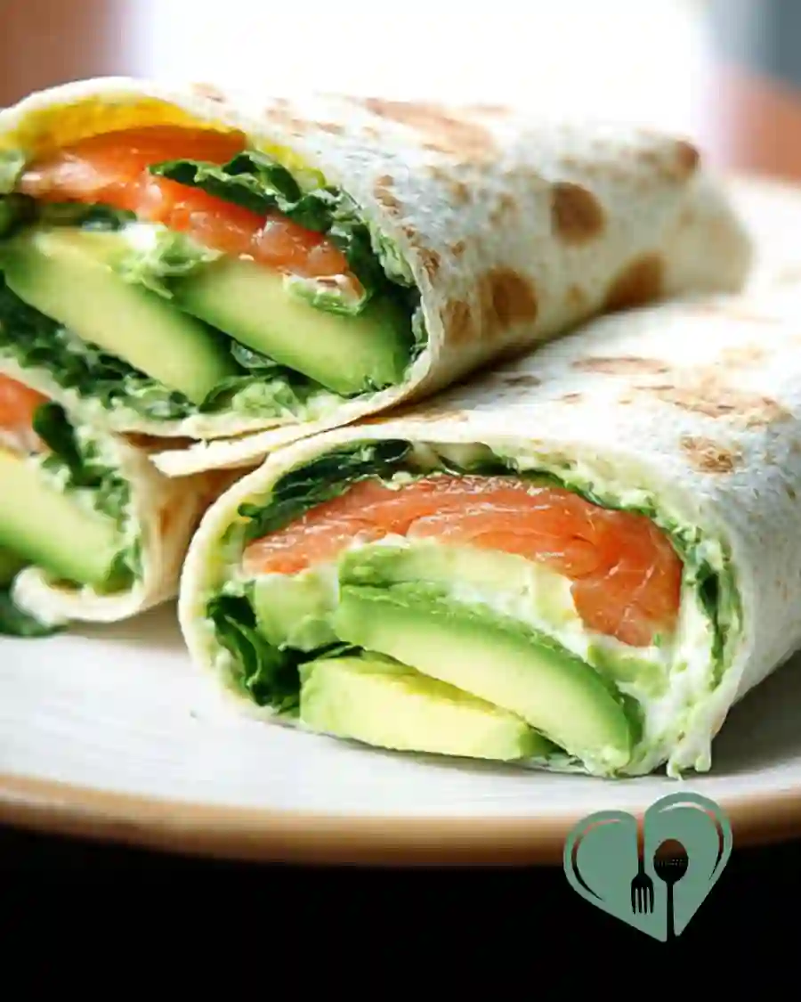 Close-up of salmon avocado wrap with greens and creamy texture