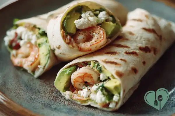 Grilled shrimp wrap with avocado chunks and feta cheese in tortilla