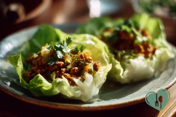 Homemade taco lettuce wraps with savory filling and fresh vegetables in lettuce cups.
