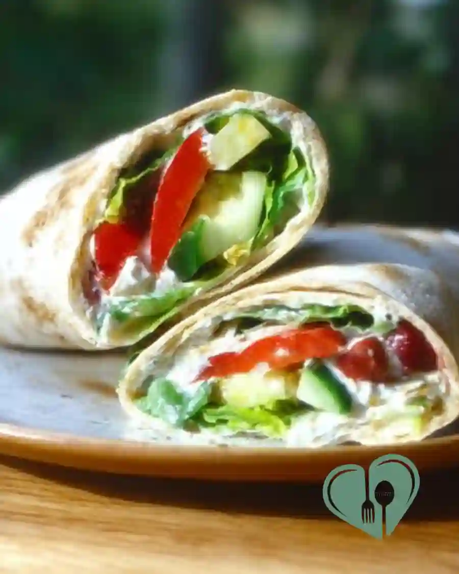 Homemade Greek salad wrap with cucumber, red pepper, lettuce, olives, and creamy dressing