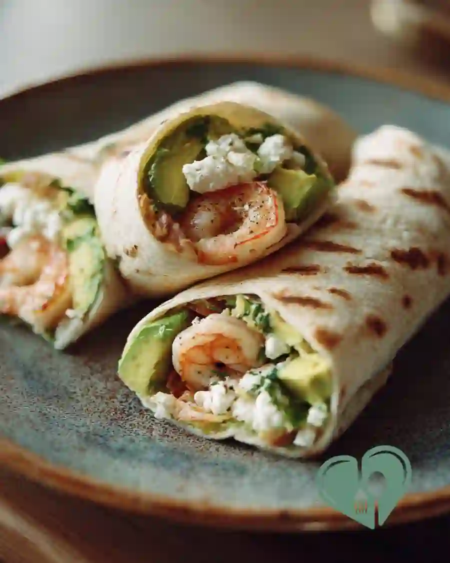 Close-up of shrimp avocado wrap with feta and creamy filling