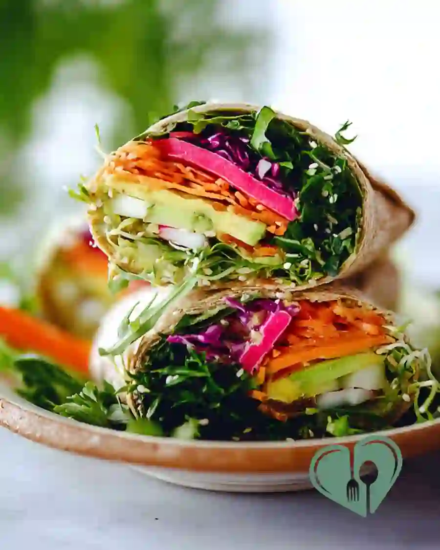 Rainbow veggie wraps filled with fresh vegetables like carrots, cabbage, cucumber, and greens