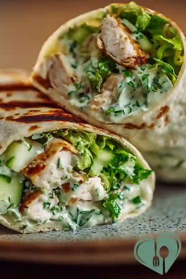 Chicken cucumber green goddess wraps with herbs and creamy dressing on a wooden table