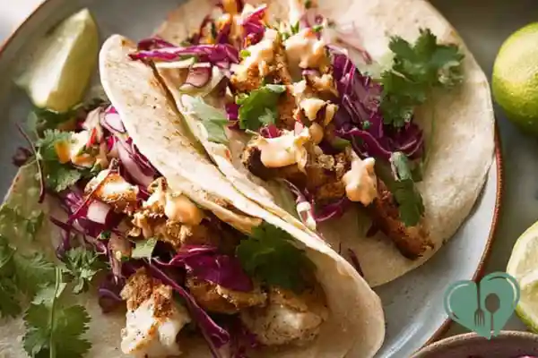 Close-up of homemade fish taco wrap with cabbage and sauce