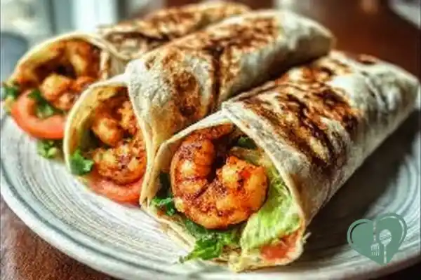 Close-up of shrimp wraps cut in half with cabbage and sauce, served on a simple plate