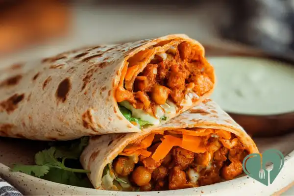 Roasted buffalo chickpea wrap with lettuce and red onion in a tortilla