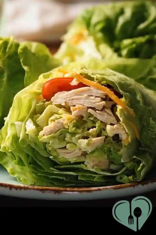 Turkey and cheddar lettuce wraps with crisp greens served on a wooden table