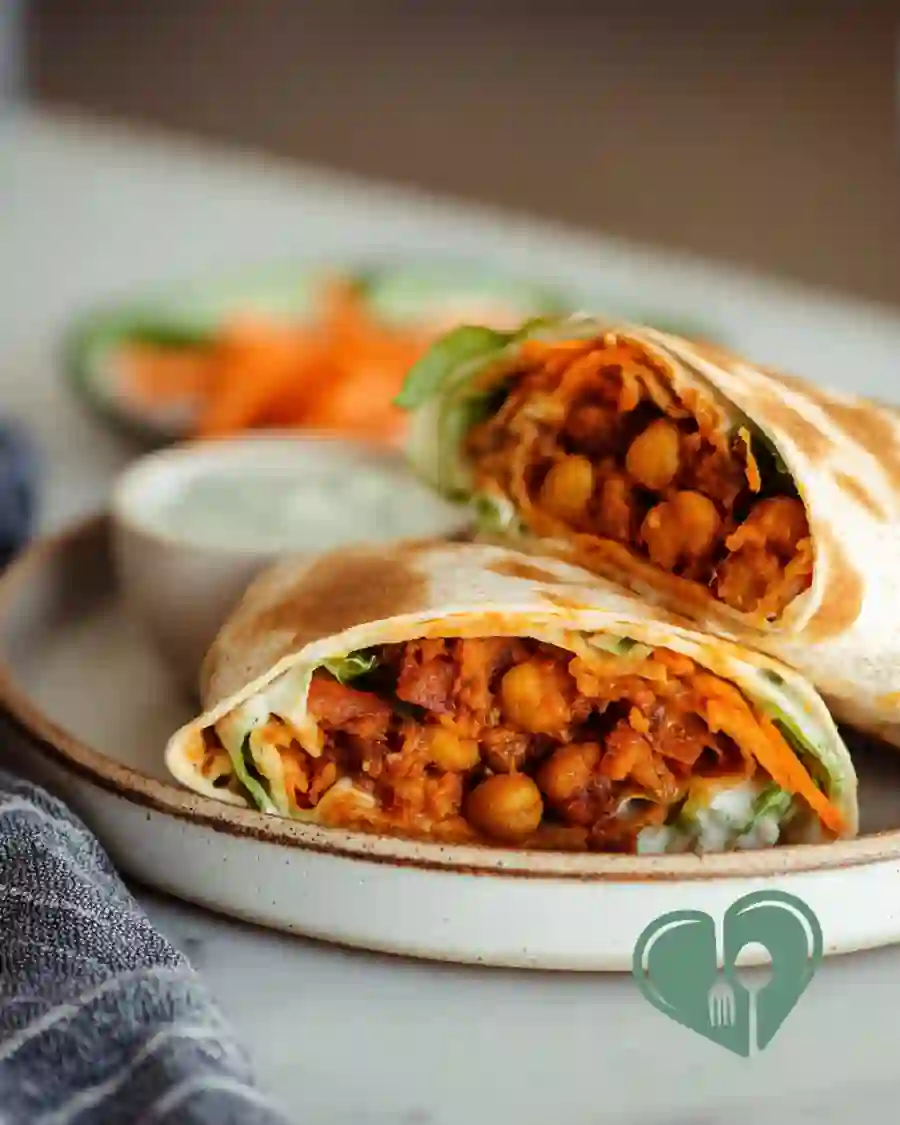 Close-up of homemade tofu wrap with lettuce and spicy sauce