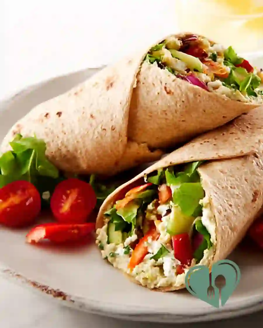 Veggie wrap with cilantro hummus, lettuce, and fresh vegetables in a tortilla