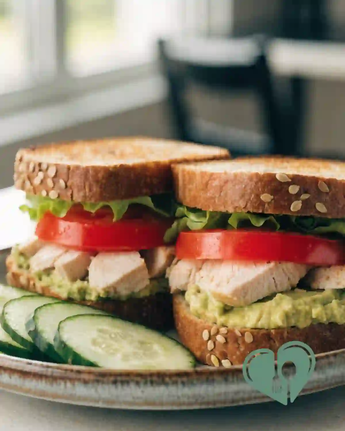 Avocado, tomato, and chicken sandwich on whole grain bread served with cucumber slices.